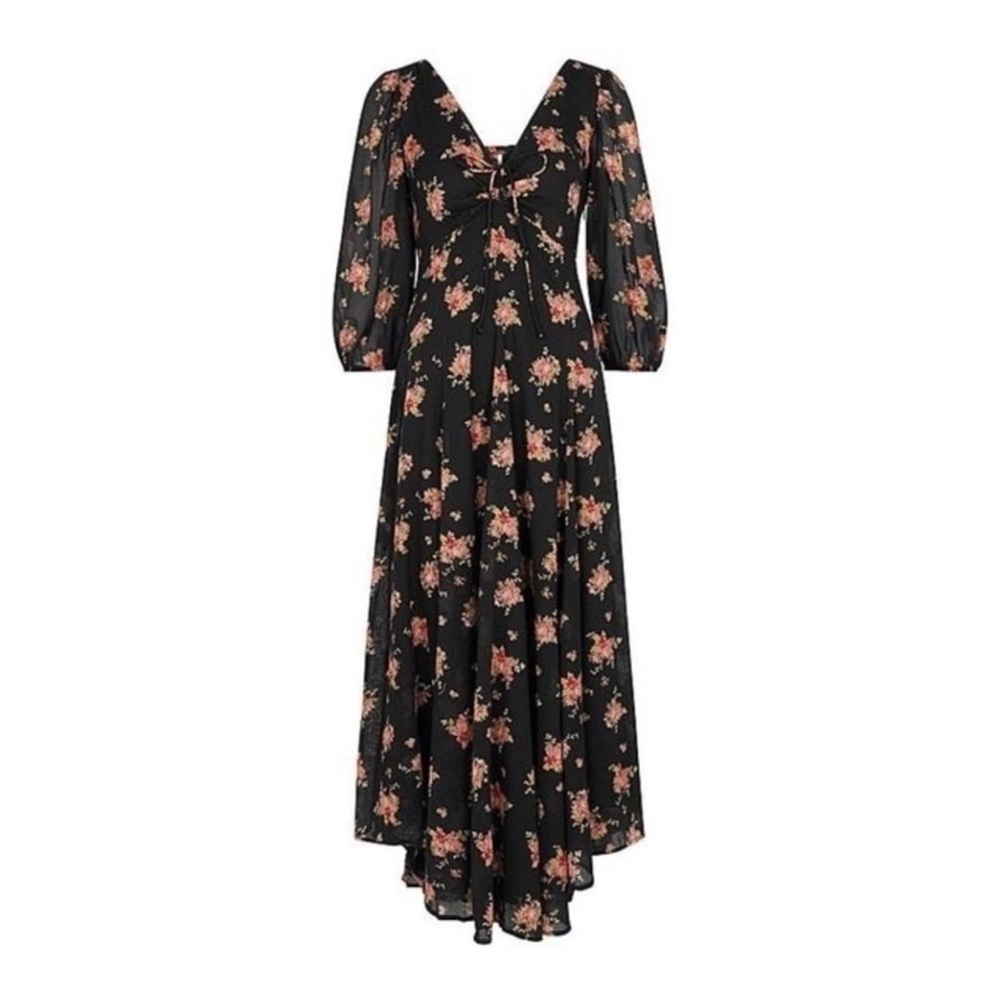 Free People Tiered Floral Maxi Dress Asymmetric Hem Layered Black Cottage Boho - Picture 2 of 12